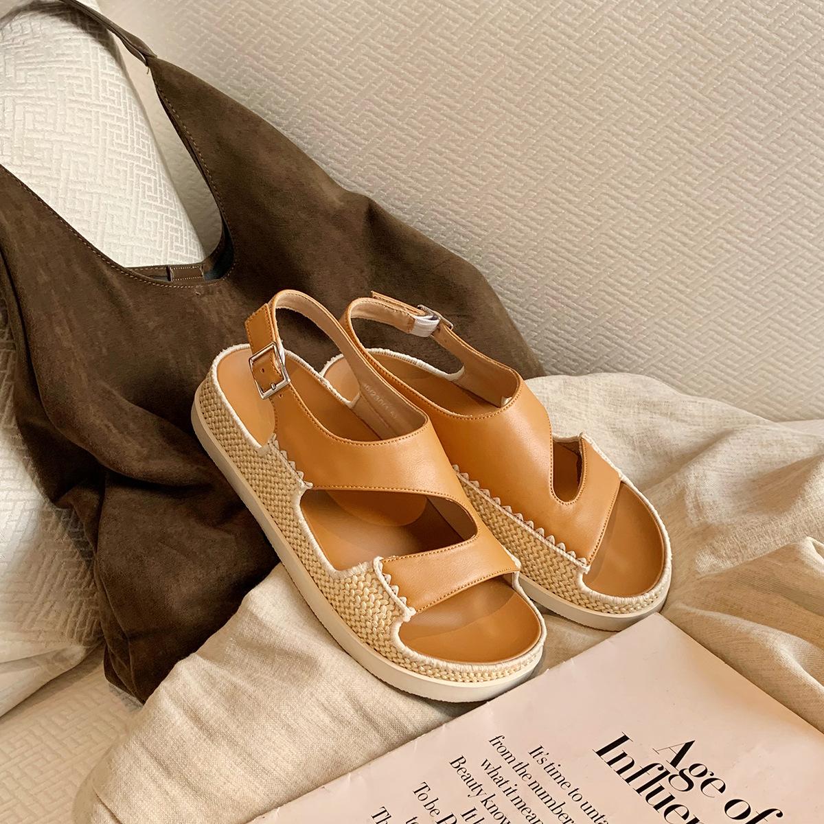 

Sheepskin grape mother leather fashionable Roman open-toed casual versatile one-word buckle with platform straw sandals women s wear 34