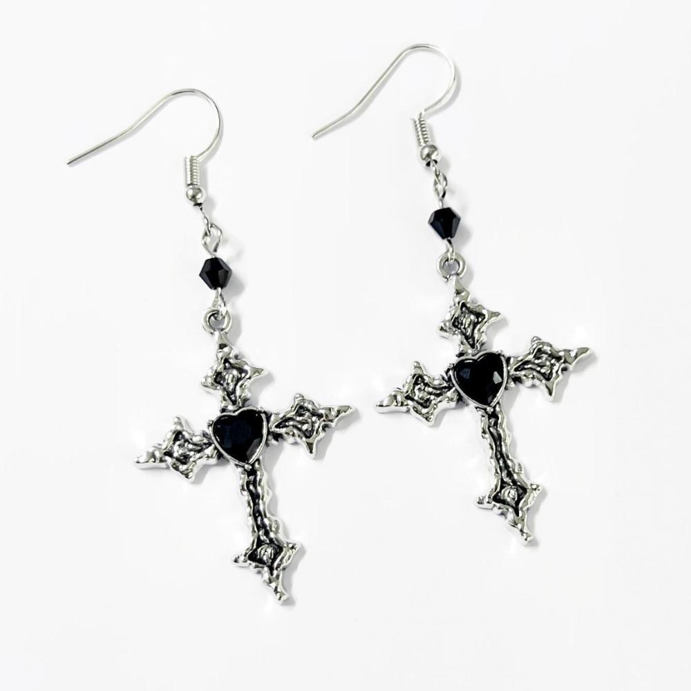 Gothic Punk Silver Color Liquid Metal Cross Red Heart Rhinestone Dangle Earrings for Women Hallowmas Party Hip Hop Jewelry Gifts