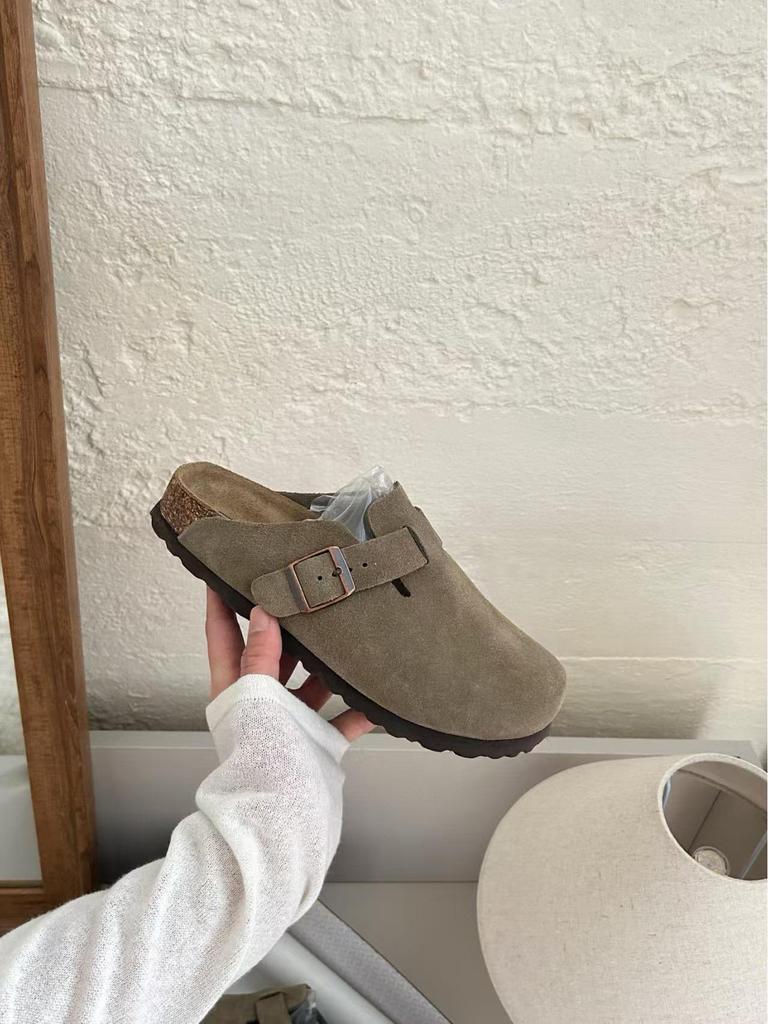 Boken 2024 Autumn Women's Genuine Leather Cork Mule Slippers: Closed-Toe Cow Suede, Flat Bottom, Outdoor Wear.