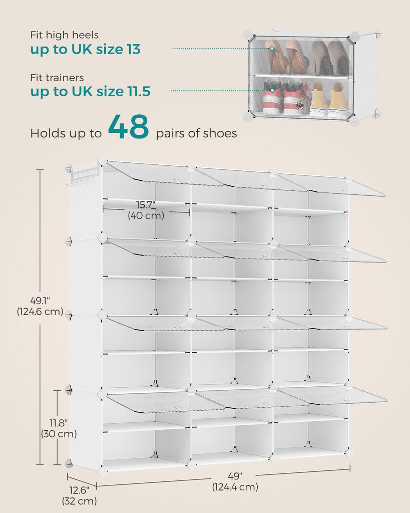 SONGMICS Shoe Rack Organizer, 12-Tier Shoe Storage Cabinet for Closet and Entryway, Holds 48 Pairs, Adjustable, Cloud White and Trasparent ULPC040W01