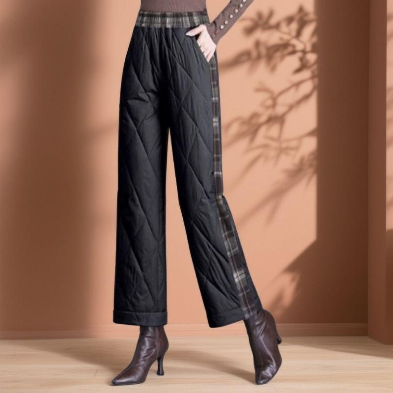 Fashion Women Winter Warm High Waist Cotton Padded Pants Plaid Patchwork Wide Leg Fleece Lined Trousers