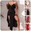 Rochie Maxi Sexy de Damă din Plasă Transparentă cu Volane, Bretele cu Strass, Spate Decoltat, Șireturi, Crăpătură Dublă Înaltă, Decolteu în V, Tiv Neregulat, Rochie de Club, Petrecere, Seară
