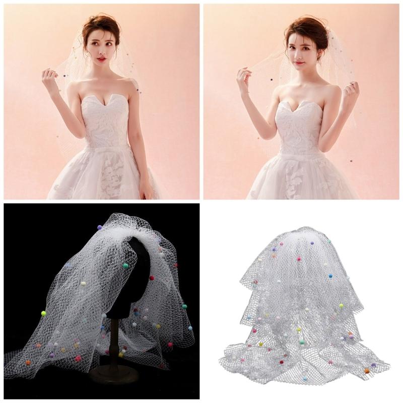 Graceful Bride Lace Veil Women Masquerade Tulle Bachelorette Party Veil with Color Pompoms for Girls Photography