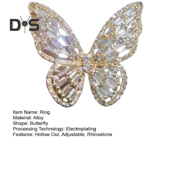 Pierścionek damski Hollow Out Butterfly Shape Rhinestone Alloy Regulowany pierścień otwierający Bankiet Party Wedding Jewelry