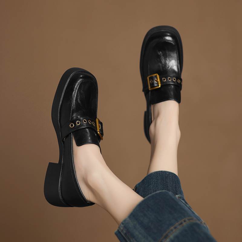 Krazing Pot Cow Skin Autumn Winter Shoes Chunky Heels Size 43 Size 42 Round Toe Slip on Metal Buckle Deep Mouth Pumps