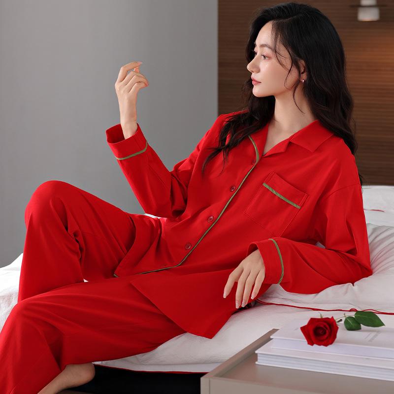Pajamas Women's Spring and Autumn Pure Cotton Long-sleeved Autumn Red Natal Year New Wedding Festive Autumn and Winter Bride Wedding Loungewear