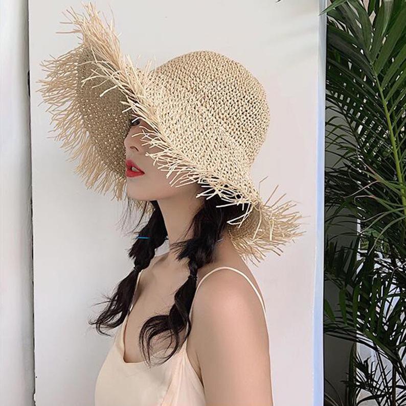 Women's Korean-Style Wide Brim Frayed Straw Hat - Breathable Summer Sun Protection