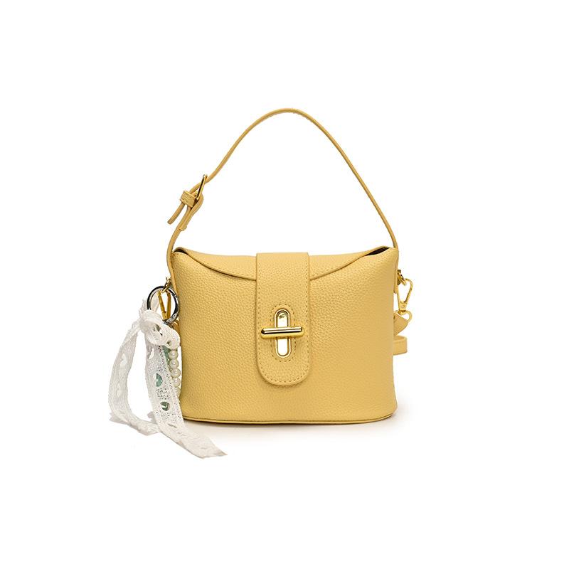 New Popular High-end Lychee Pattern Solid Color Portable Bucket Bag Fashionable Versatile Niche Commuter Style Messenger Women's Bag