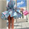 Woman Elegant Print Lace Up Dress Puff Sleeve High Waist Stand Collar Buttons Retro Dresses Autumn Fashion Party Mini Robe