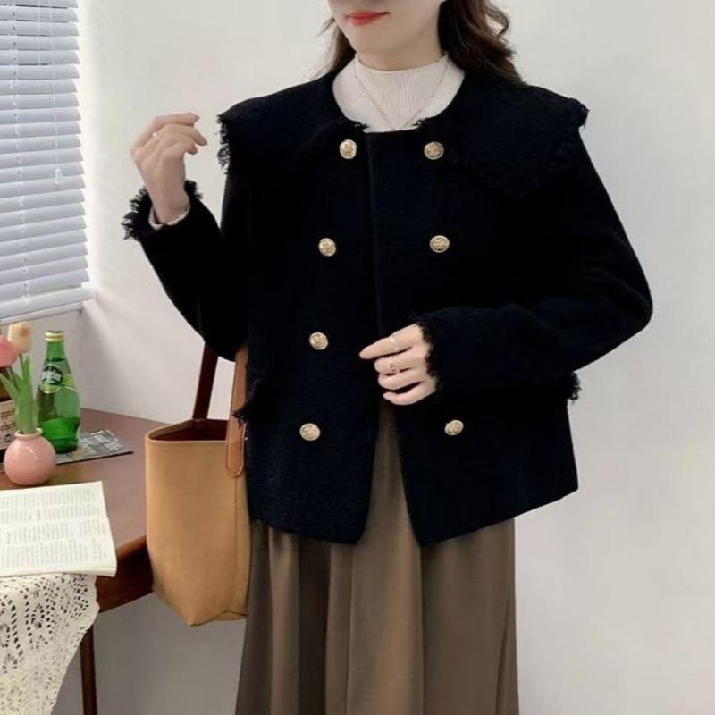 Spring and Autumn New Small Fresh Jacket Women's Short Fashion Double-breasted Doll Collar Versatile Fringed Knitted Cardigan Top