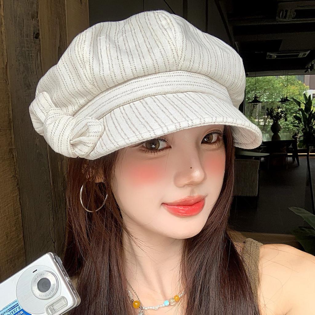 Japanese Striped Bow Cloud Beret Children Summer Thin Versatile Octagonal Hat Retro Literary Painter Hat