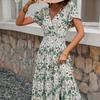Women Sage Green Floral Print V Neck Short Sleeve Shirred Tiered Maxi Dress