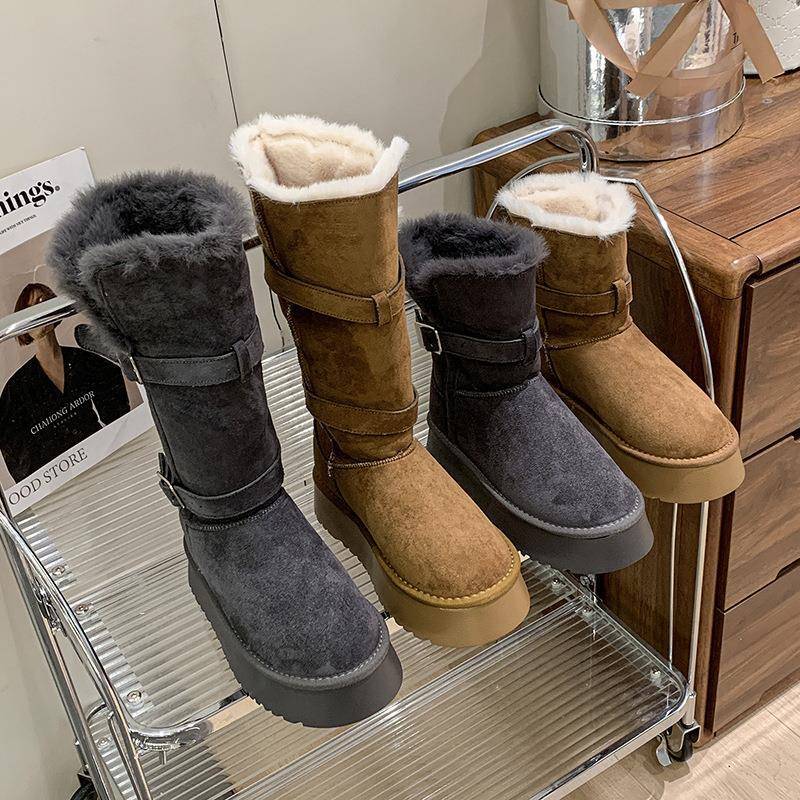 Gray Snow Boots Women's 2025 Winter New Thick-soled Heightening Piled Thickened Long Tube Snow Cotton Shoes Leg Cover Spice Girl