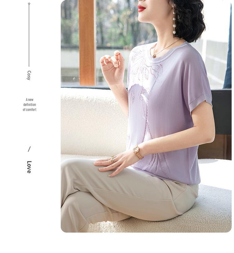 Damen Eisseide Strick-T-Shirt, Kurzarm, Sommerstil für Alter 40-50