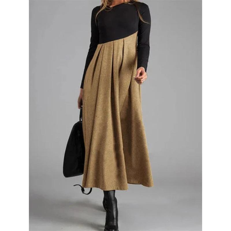 New Woolen Dress with Contrasting Color, V-neck, Long Sleeved Patchwork, and Large Swing Design Maternity Wear