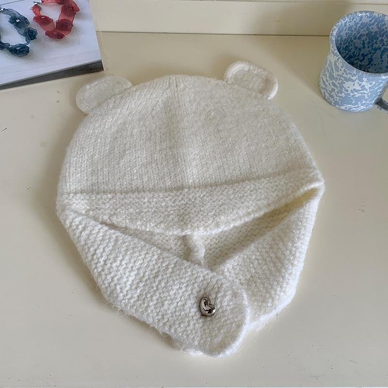 

Осень и Зима Новая Шапка Женская Шерстяная Шапка Милые Медвежьи Ушки Плюшевая Шапка-Пуловер Уличная Защита от Холода Теплая Вязаная Шапка Тренд M（56-58cm）