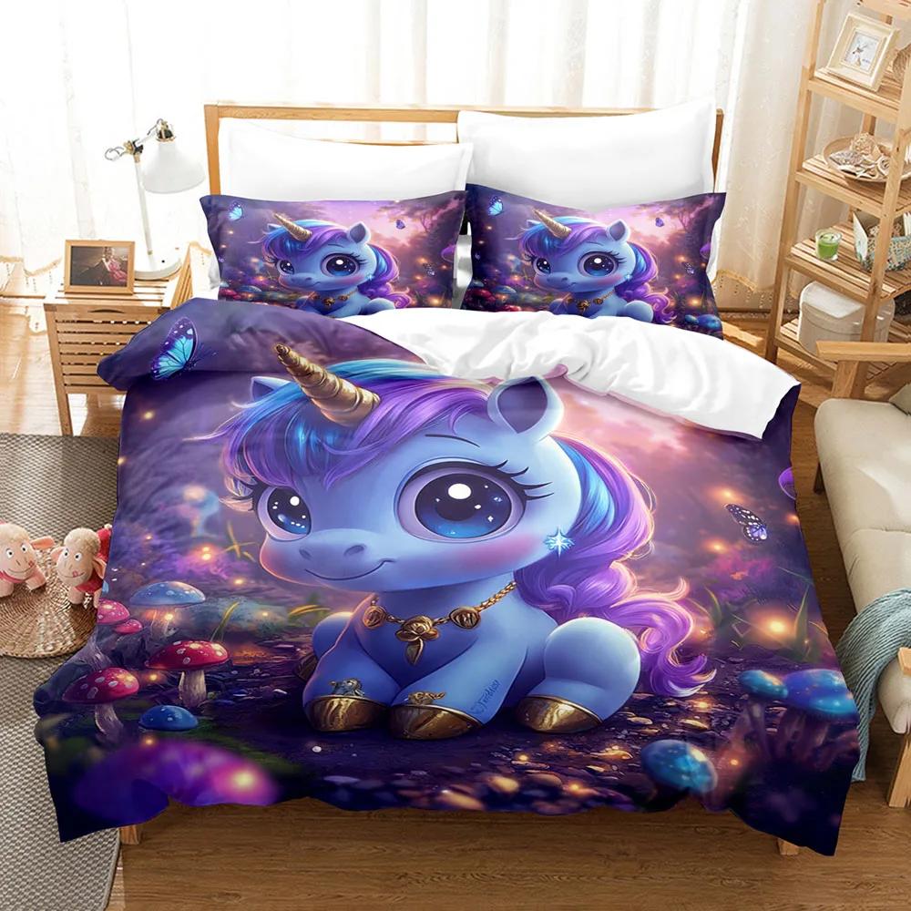 Cartoon Unicorn Bedding Set Rainbow 3D Printed Duvet Cover Set Soft Skin-Friendly Single Double King Size for Kids Birthday Gift