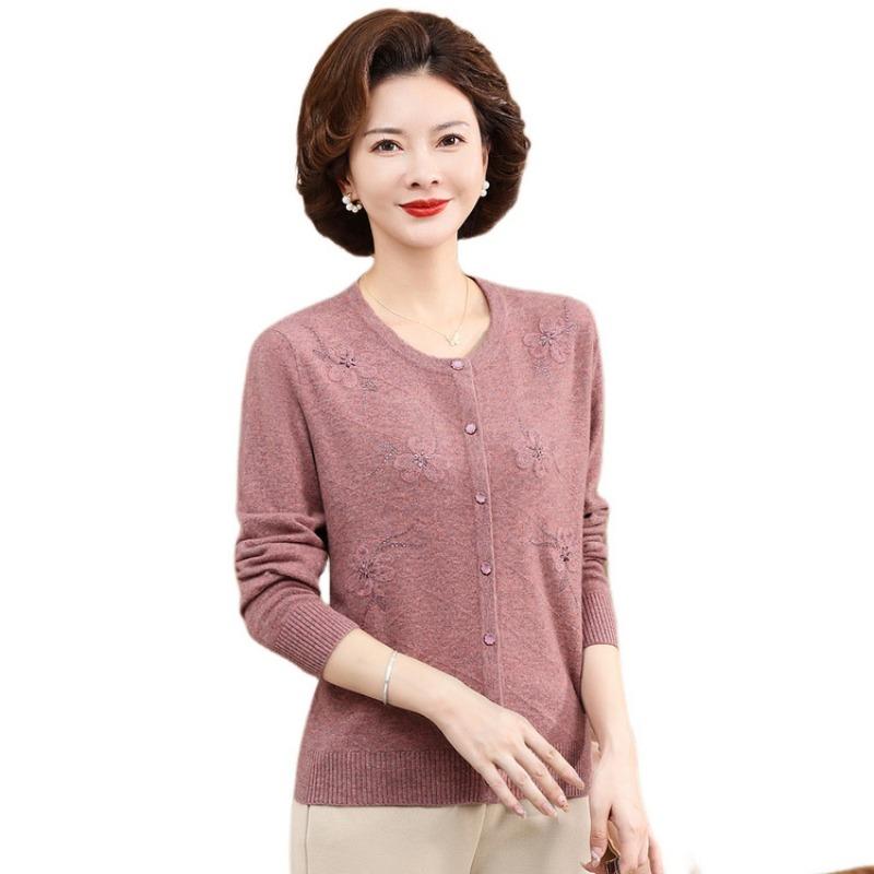 Thin Chinese women's outer shirt middle-aged and elderly women's spring and autumn knitted sweater cardigan mother jacket long-sleeved top