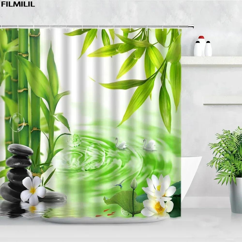 Zen Green Bamboo Shower Curtains Stone Buddha Lotus Candle Asian Japanese Spa Garden Scenery Bath Curtain Fabric Bathroom Decor