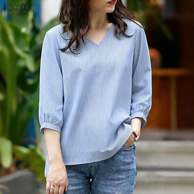 Women Casual V-Neck 3/4 Sleeve Loose Stripe Blouse