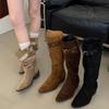 Women Fashion Boots Pointed Toe Square Heel Belt Buckle Long Boots Retro Autumn Fashion Suede Leather Botas Mujer High Quality