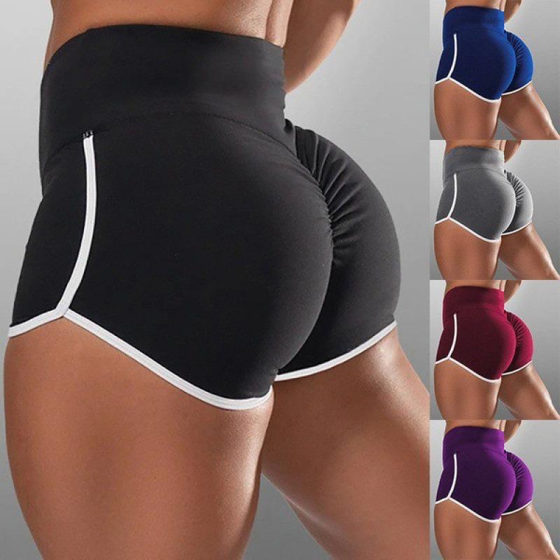 New Summer Women's Large Size Sexy Solid Color High Waist Hemming Color Matching Sports Running Tight Hip Shorts