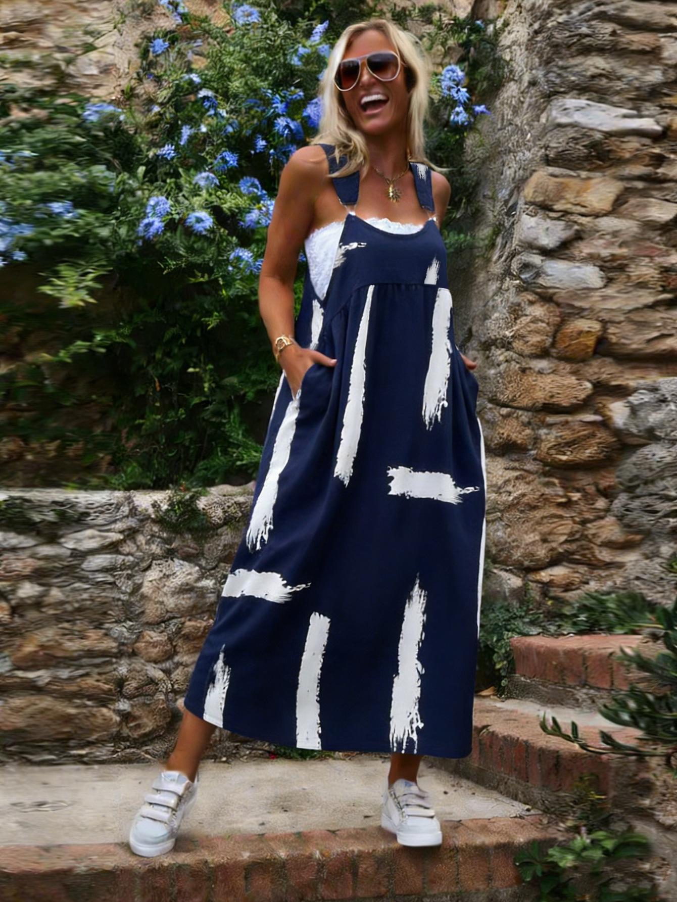 2026 Summer Resort Style Sleeveless Printed Strap Dress - European & American Women s New Arrivals L