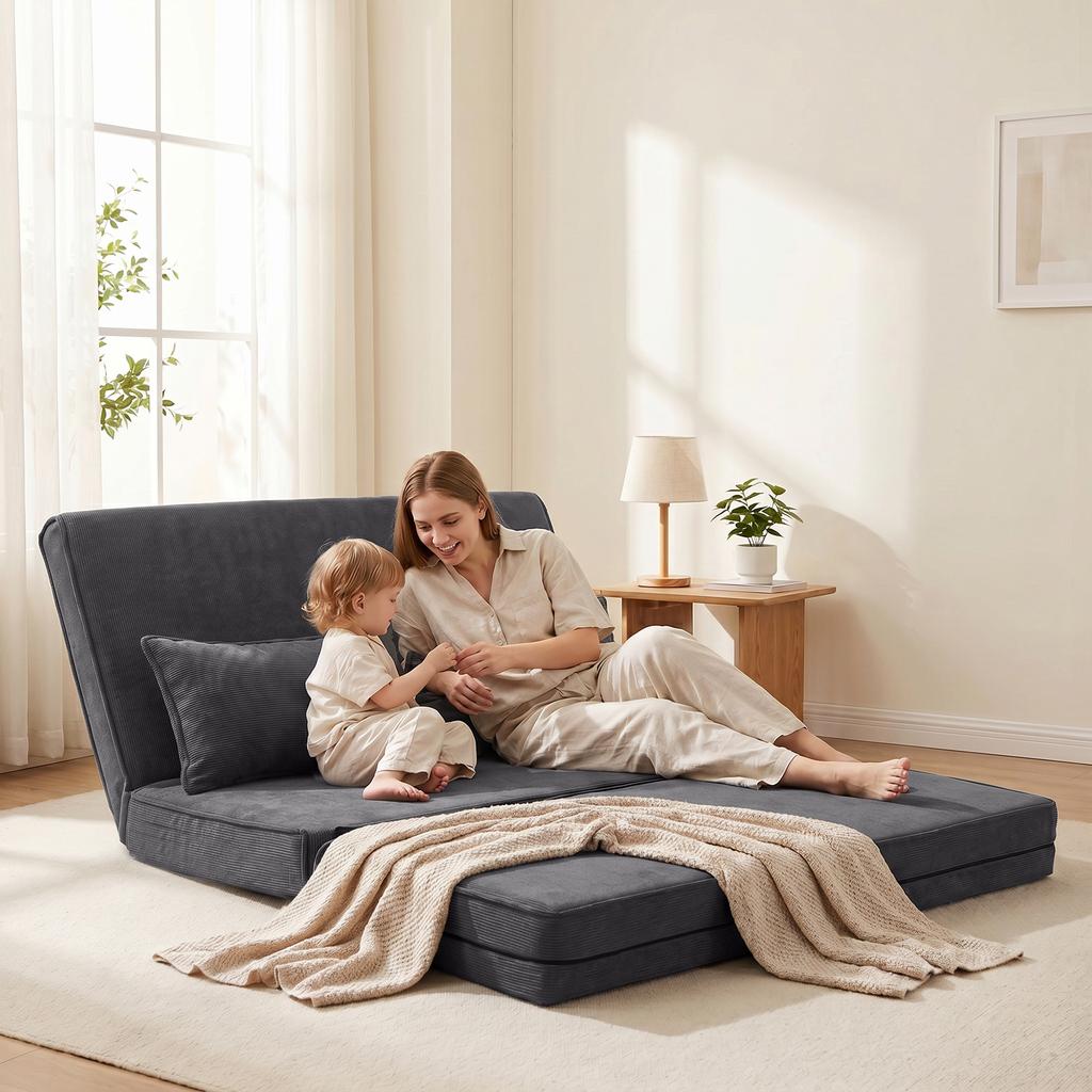 Folding Sofa Bed, 2-Seater Convertible Armchair, Corduroy, Adjustable Backrest, 2 Pillows, Grey
