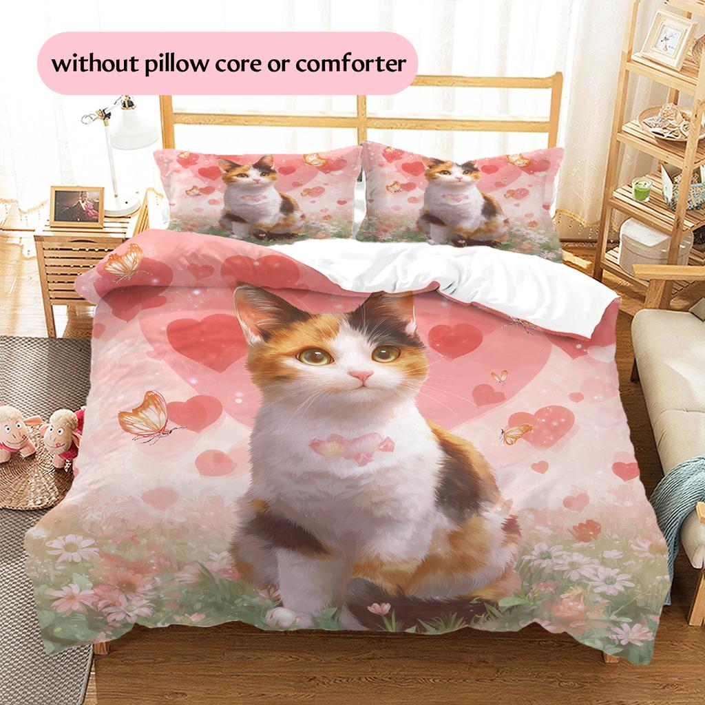 Rosa Calico-Katzenmuster Bettwäsche Heimdekoration Geburtstagsgeschenk (1 Bettbezug + 2 Kissenbezüge, ohne Füllung)