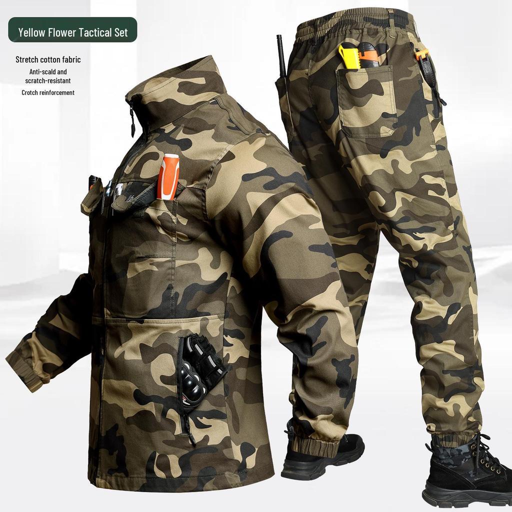 Men's Camouflage Workwear Set: Elastic, Anti-Scald, Wear-Resistant for Spring/Autumn - Ideal for Auto Repair & Welding.