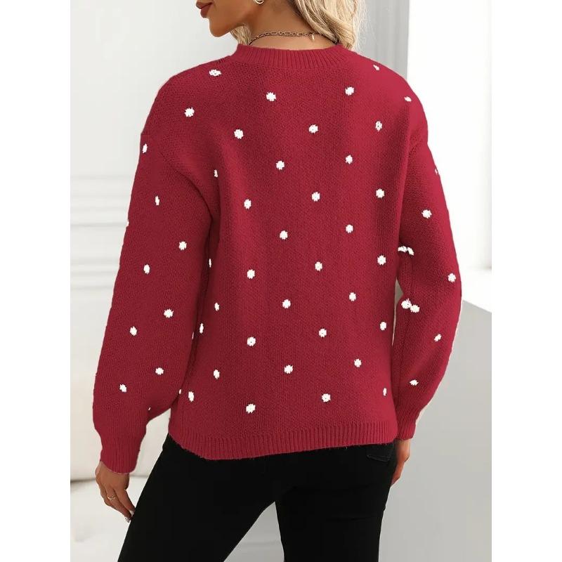 Women Loose Fit Long Sleeve Pullover Knit Sweater Polka Dot Jacquard