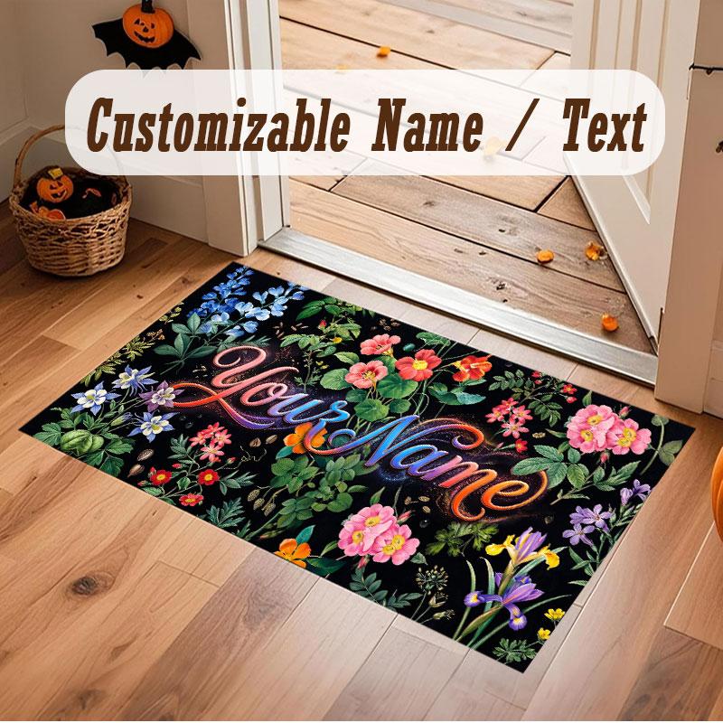 Floral Garden Theme Crystal Velvet Floor Rug Personalized Custom Name Text Warm Carpet Home Decoration