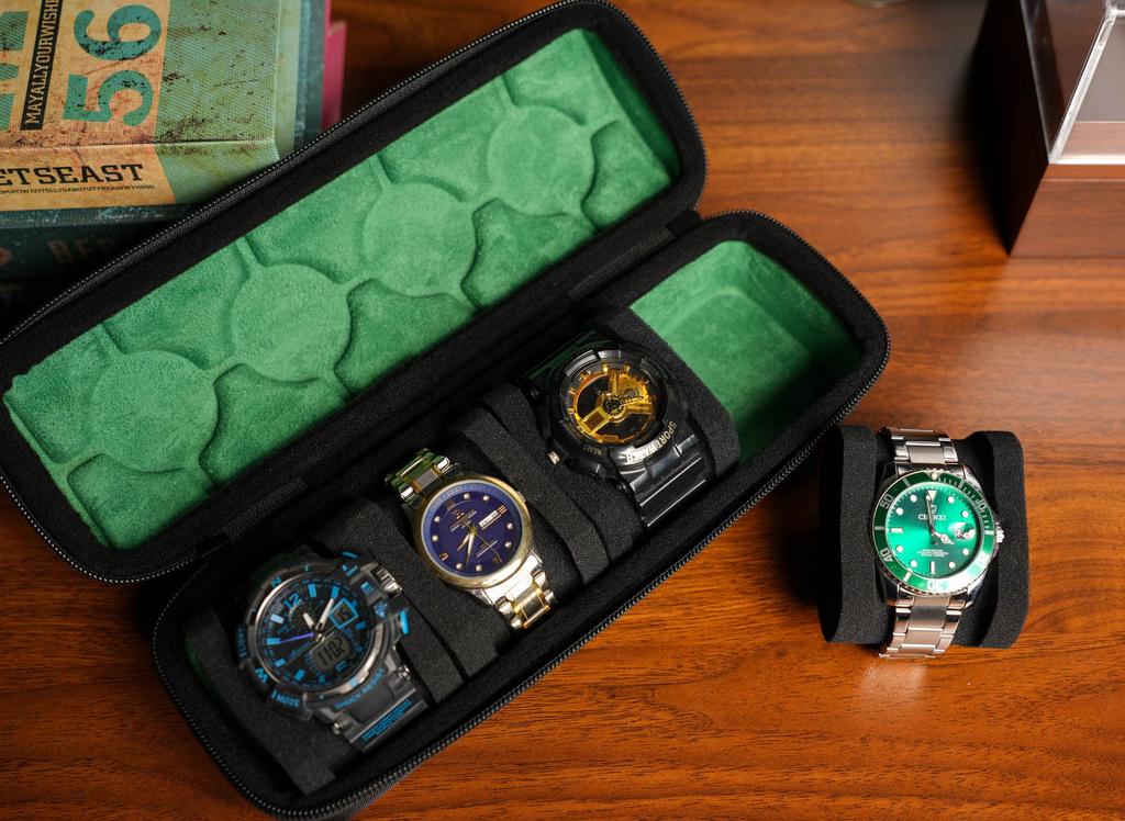 RIGICASE Hard Watch Travel Case Portable Display Storage Organizer Box with Soft Foam Pillow 4-Slot Men's Roll,