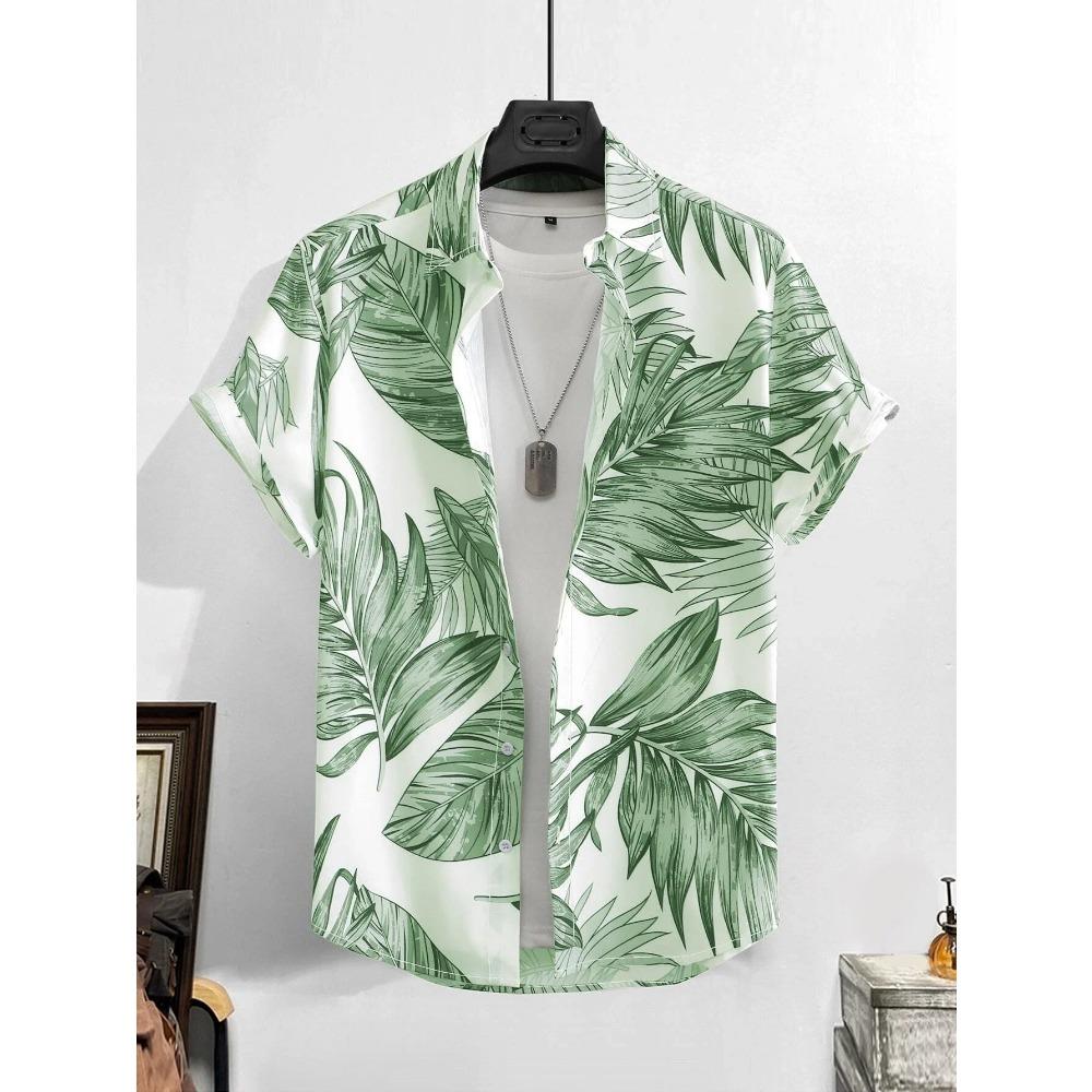 Men's Hawaiian shirt with 3D printing of tropical leaves, Licra short sleeved Hawaiian shirt for outdoor vacations, beaches, and summer