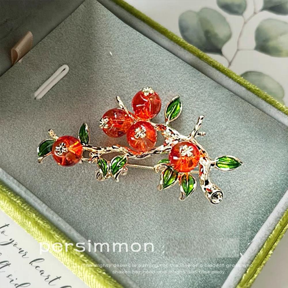 Lucky Orange Enamel Persimmon Brooches For Women Alloy Fruits Plant Casual Weddings Brooch Pins Chinese Party Jewelry Gift