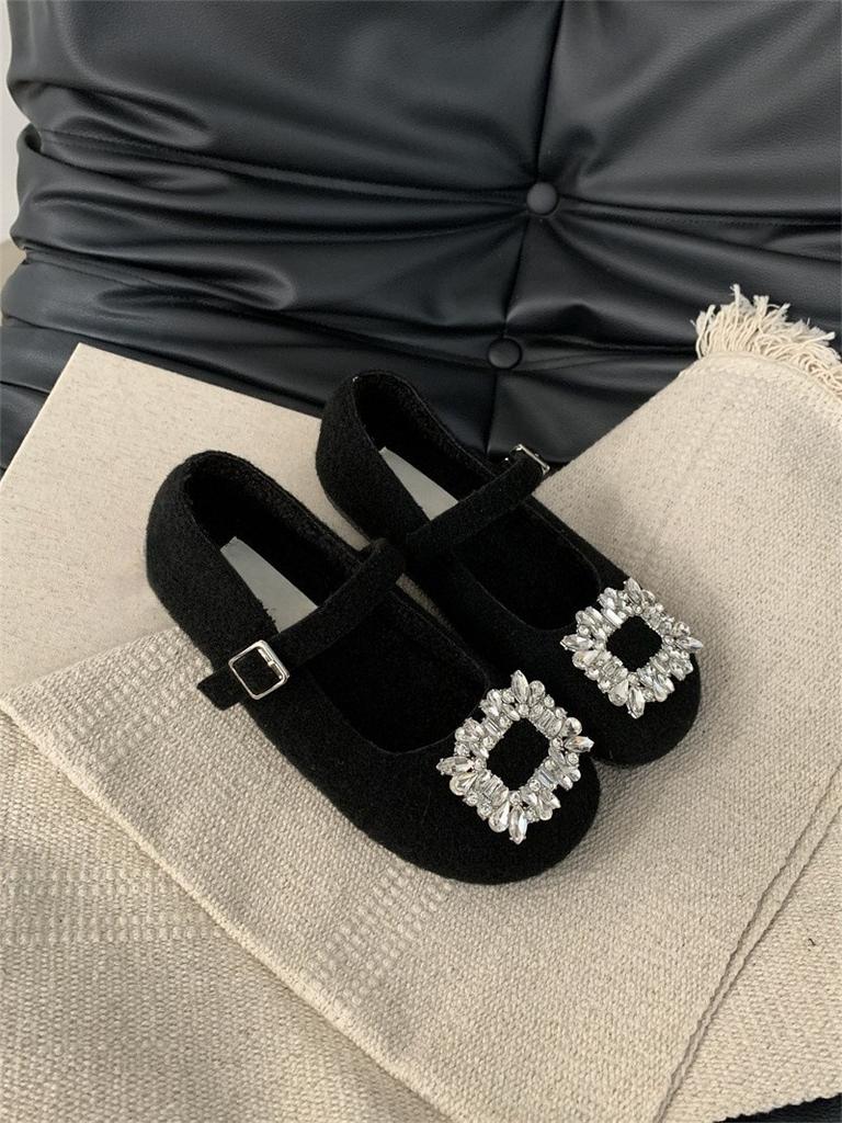 Flat bottom gray felt square head rhinestone single shoes 2025 autumn and winter velvet Mary Jane wool shoes