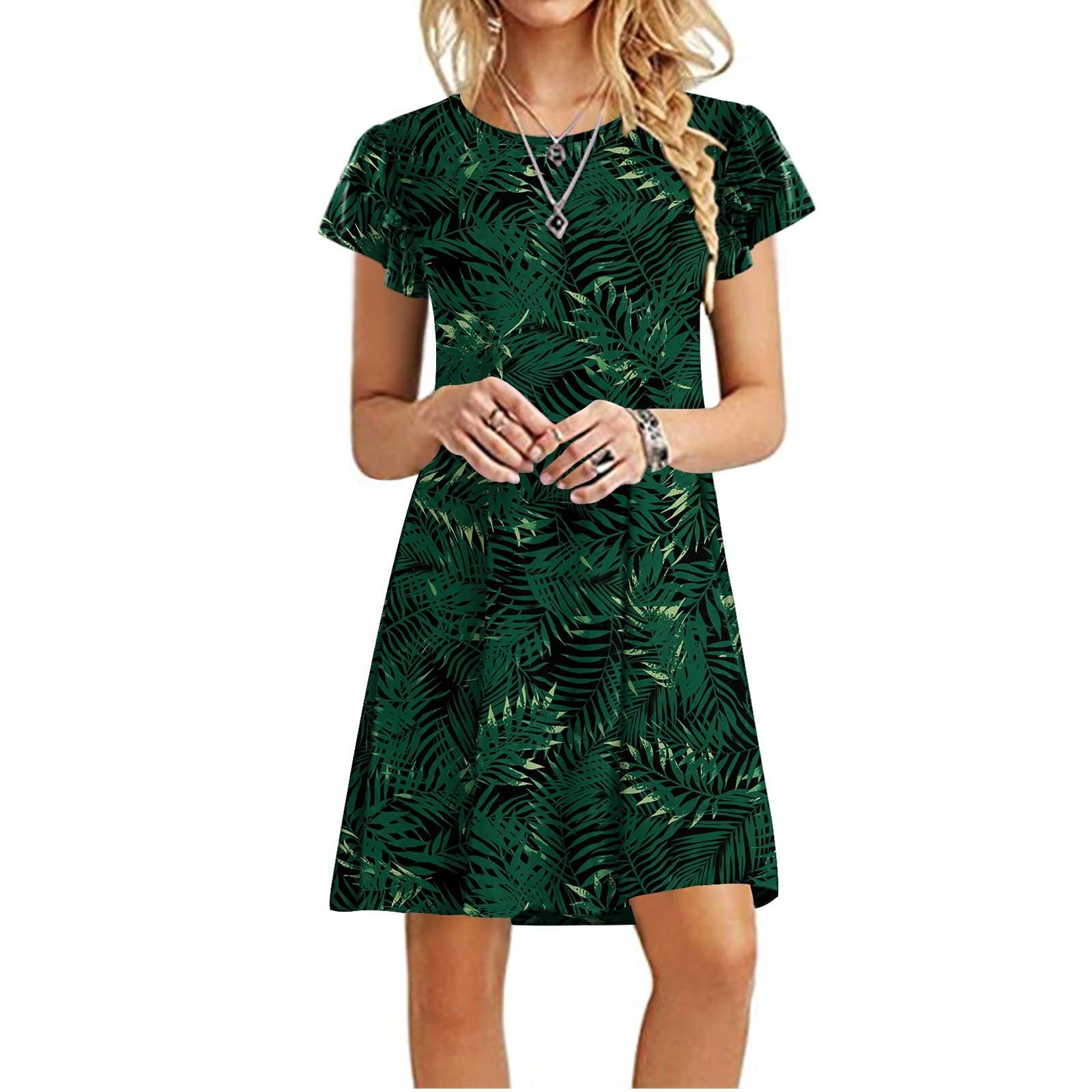 Women s Summer Vintage Print Loose Crewneck Peplum Short-sleeved Dress