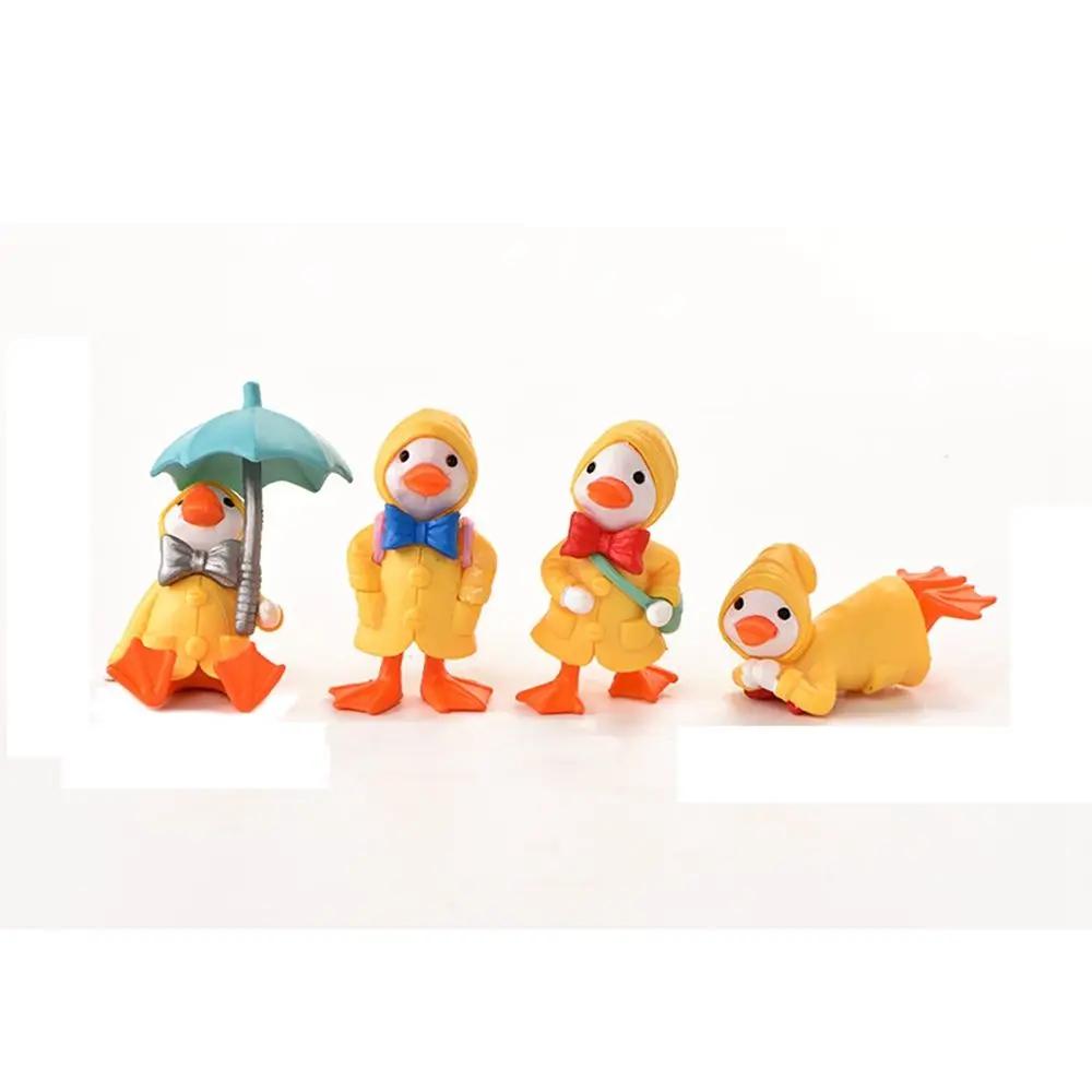 4pcs/set Umbrella Raincoat Cute Cartoon Duck Miniature Figurine Ornaments Yellow Ducklings Figurine for Miniature Garden Decor