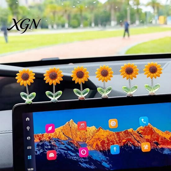 Car Interior Decor for Teen Girls Sunflower Dashboard Decor, Resin Wobble Flower Ornament with Non Cute Slip Adhesive, Shaking Rearview Mirror Office