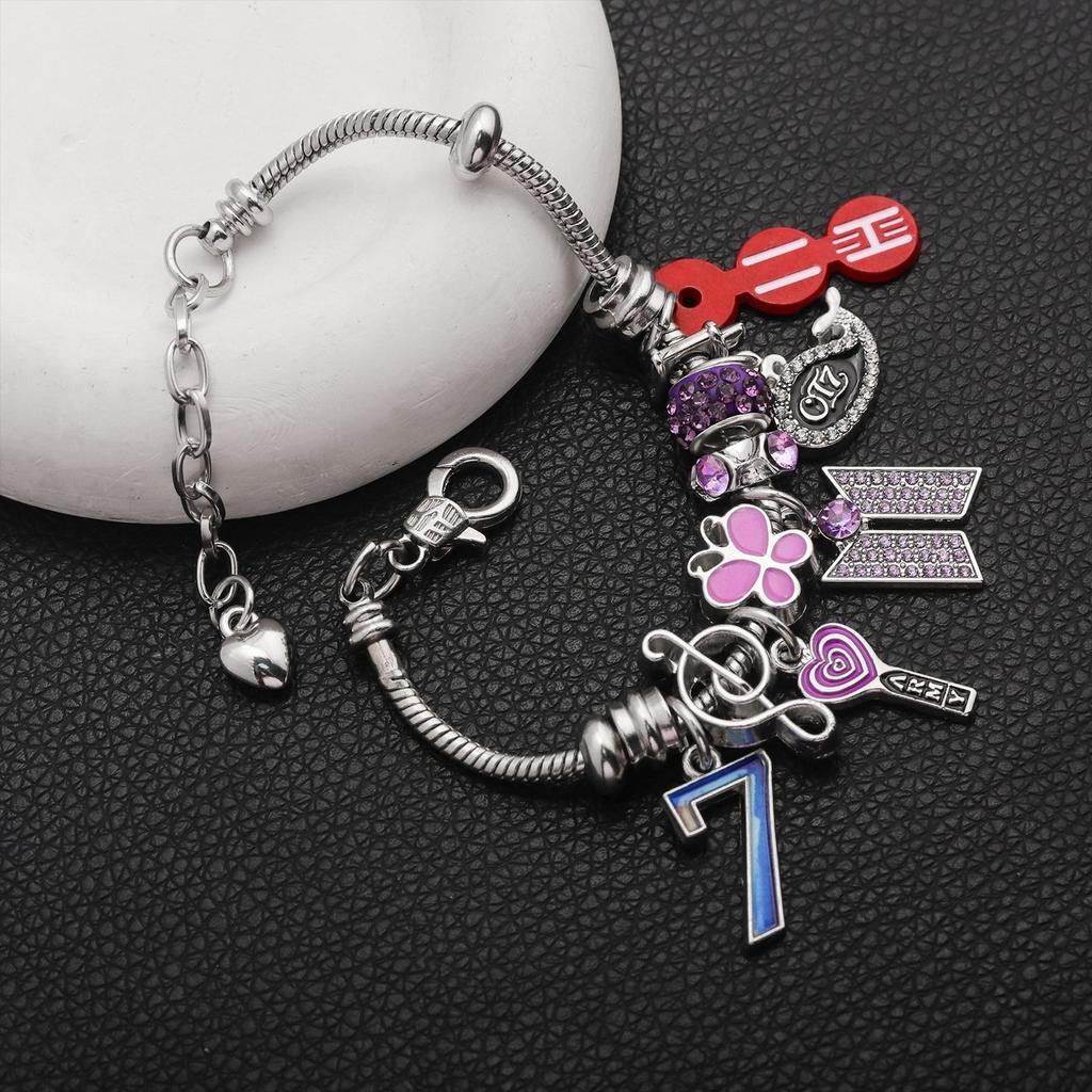 BTS Charm Bracelet OT7 Whale ARMY Logo Purple Crystal Beads Silver-Plated Snake Chain Jewelry Kpop Fan Gift for Army