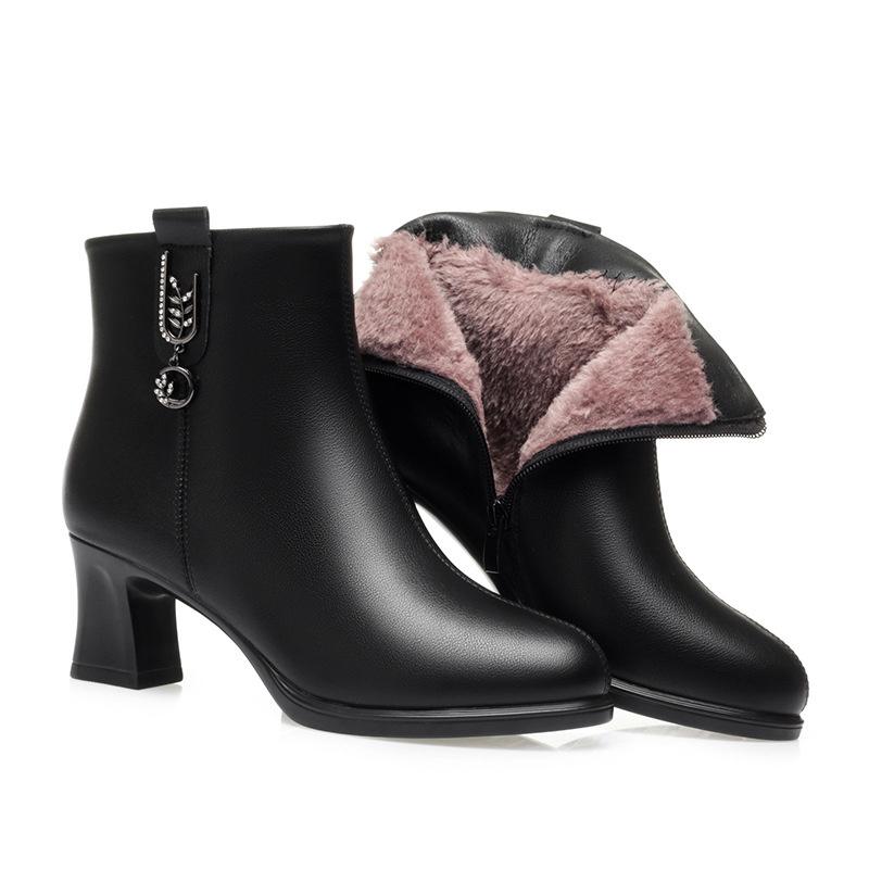 Women's Soft Leather Cotton Shoes New Fashion Waterproof Side Zipper High Heels Non-slip Lightweight Warm Boots