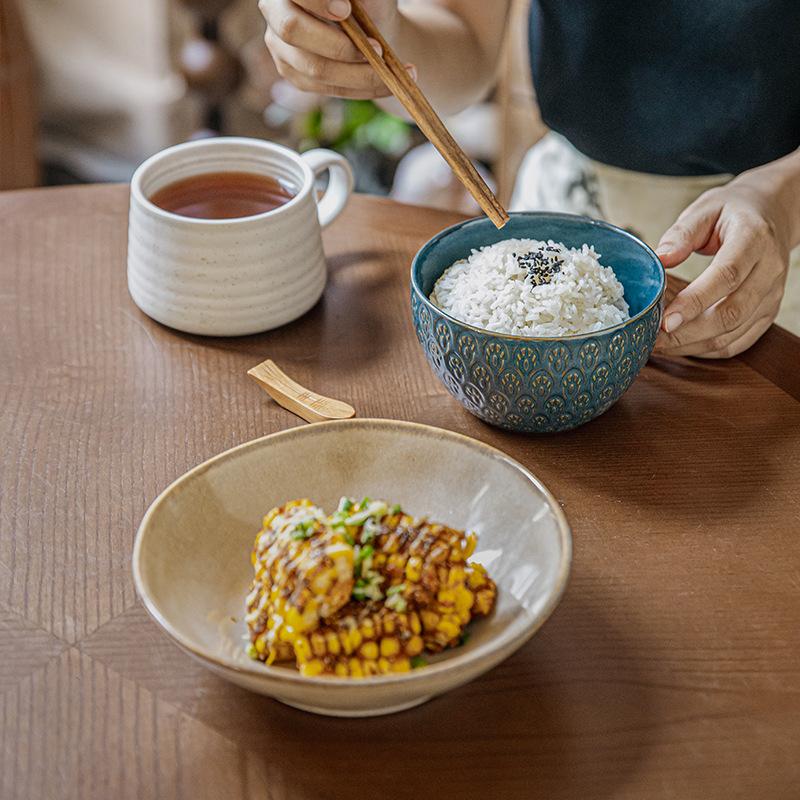 Finch Pattern Rice Bowl 5-Inch Relief Characteristic Ceramic Bowl High Value Retro Kiln Becomes Big Rice Bowl Set Export