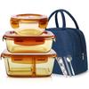 Hitzebeständige Glas-Lebensmittelaufbewahrungsbehälter, Mikrowellengeeignete Lunchboxen, Bento-Boxen mit 3 Fächern, 1020+700+400ml + Tasche + Geschirr