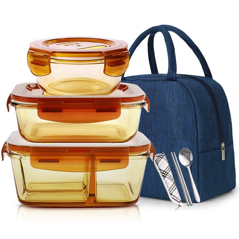 Hitzebeständige Glas-Lebensmittelaufbewahrungsbehälter, Mikrowellengeeignete Lunchboxen, Bento-Boxen mit 3 Fächern, 1020+700+400ml + Tasche + Geschirr