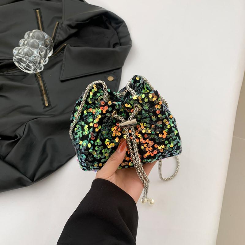 Stylish Bucket Bag With Shimmering Sequins In Black Purple Green Or Colorful Options