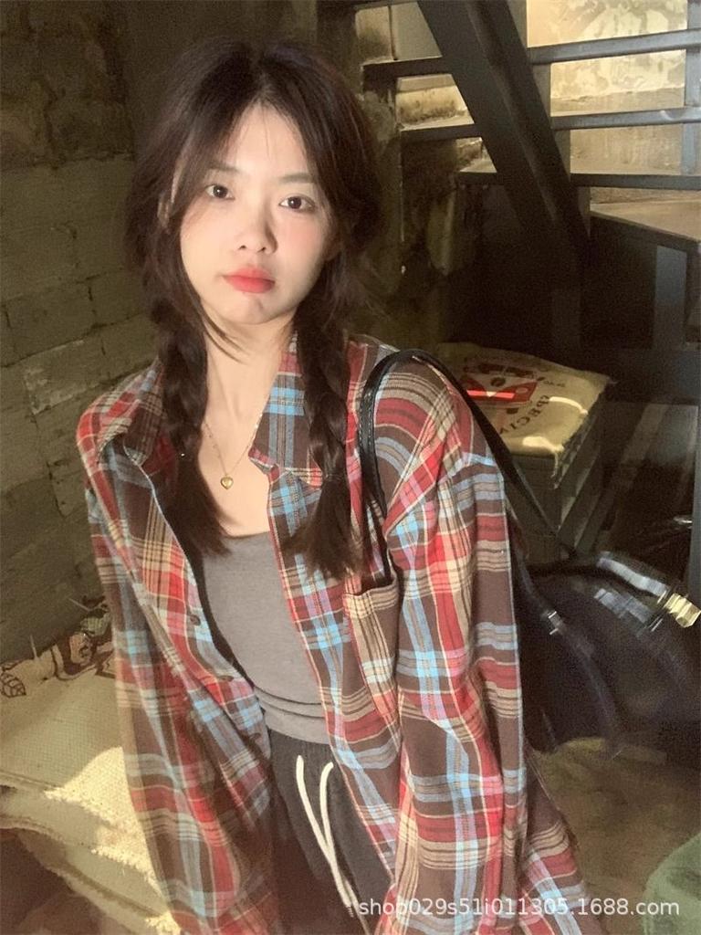 Women's American Design Retro Plaid Shirt Jacket - Loose Casual Spring Long Sleeve Top