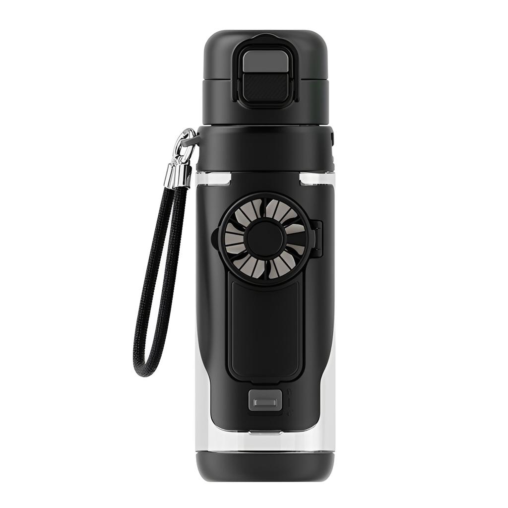 2-in-1 Tritan Sports Cup with Detachable 3-Speed Handheld Fan Transparent Leak Proof Cold Drink Bottle for Outdoor Gym Travel