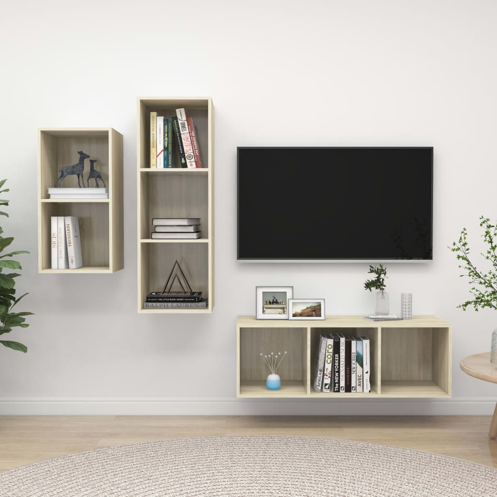 3 Piece TV Cabinet Set In Sonoma Oak Effect Engineered Wood