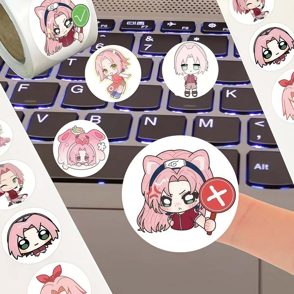 500Pcs Naruto Sakura Haruno Chibi Sticker Roll, Round Cute Pink Anime Character Decals for DIY, Laptop & Gift Decor
