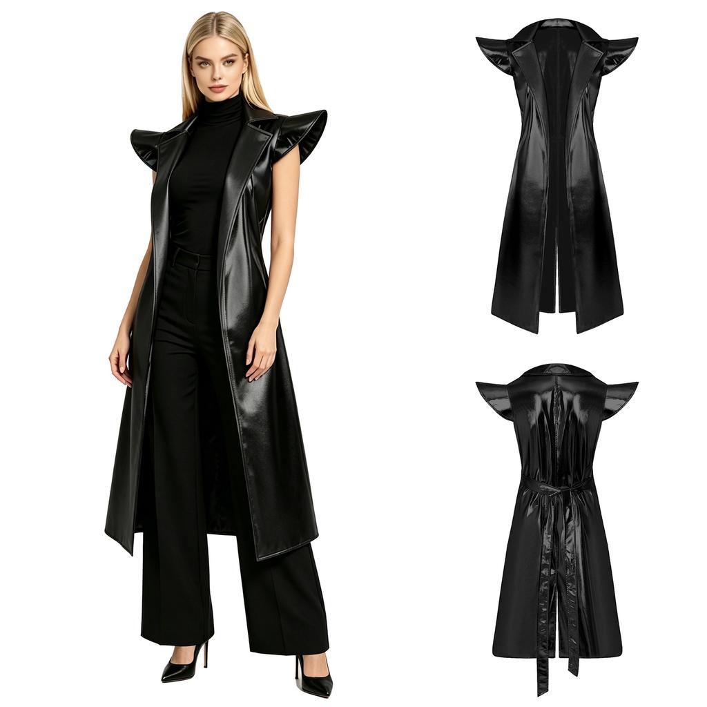 Damen Metallic Glänzend Ärmellos Trenchcoat Revers Offene Front Mit Gürtel Lange Jacke